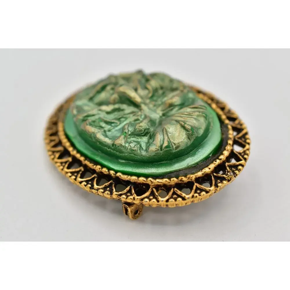 Vintage Abstract Face Pin Brooch Ancient Green Molded Resin Antiqued Gold BinAL